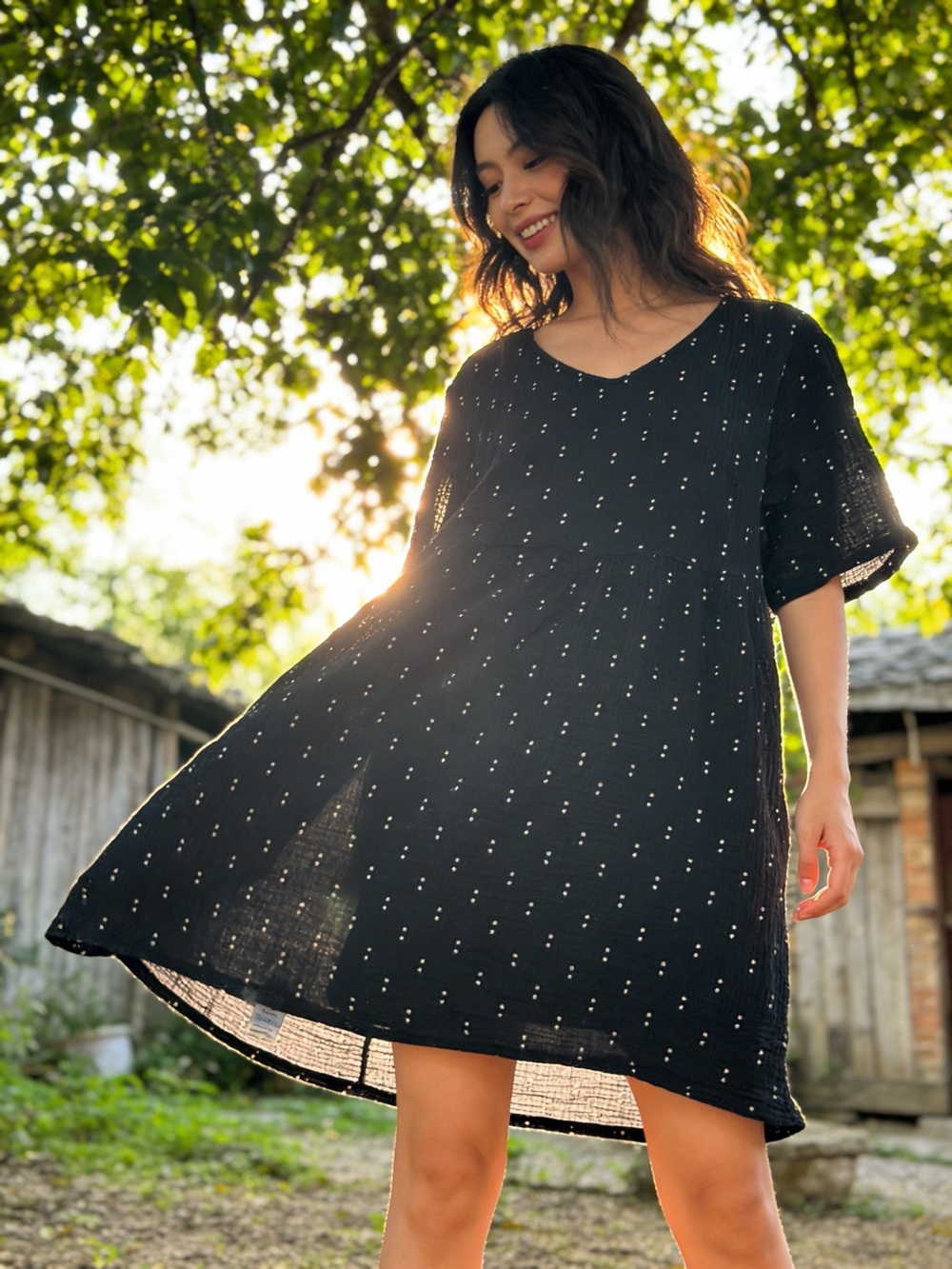 Serra Black Midi Dress with Subtle White Dot Pattern